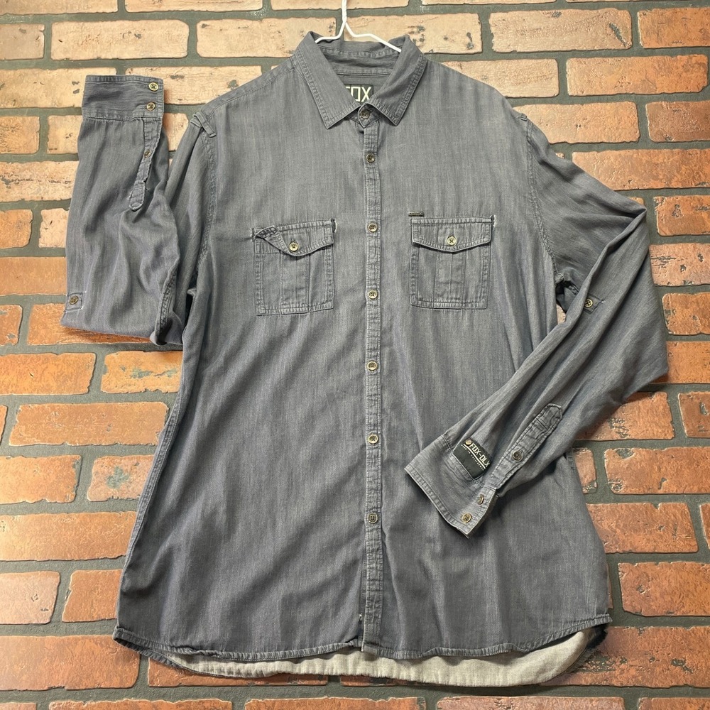 Fox Men's XL Dark Grey DLX Cotton Y2K Long Sleeve Button Up Shirt Motocross